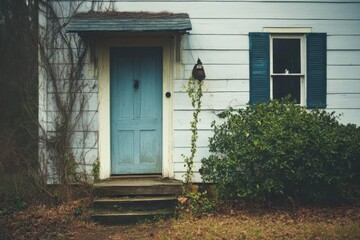 Quaint blue door of an old house surrounded by greenery and rustic charm in a serene setting
