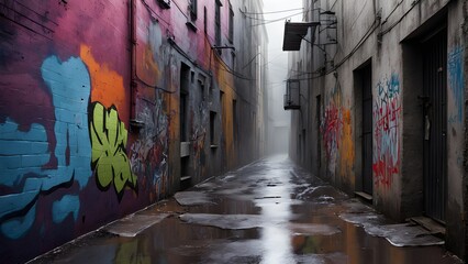 Fototapeta premium A wet, graffiti-covered alleyway disappears into misty distance. walls covered colorful urban art.