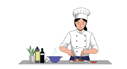 Chef preparing fresh ingredients in flat style vector illustration