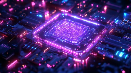 Fototapeta premium A glowing quantum core emitting vibrant sparks of energy, intricate circuits radiating neon blue and purple light, dynamic pulses of electronic signals weaving through the design,