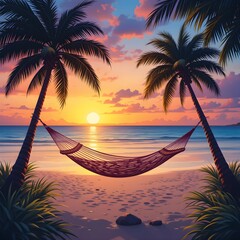 Hammock strung between palms** with a gradient sunset sky.  