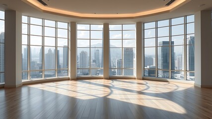 Fototapeta premium empty open plan interior with large windows with megalopolis view with a whitish white tone