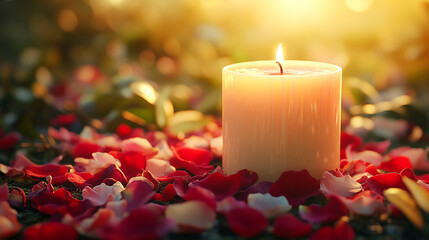 White candles with roses and flowers petals, funeral memrial, sympathy and condolences card, death notice