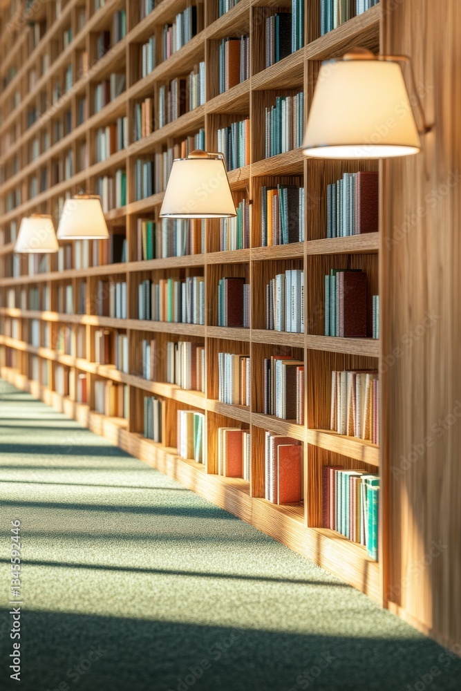 Poster Mindful Learning Sanctuary Warm Wood and Soft Light Library Design - Tranquil Educational Space for Knowledge Seekers and Modern Workspace Inspiration