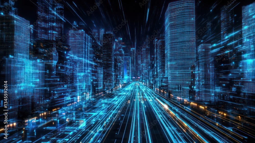 Poster futuristic city at night with digital data streams. possible use stock photo