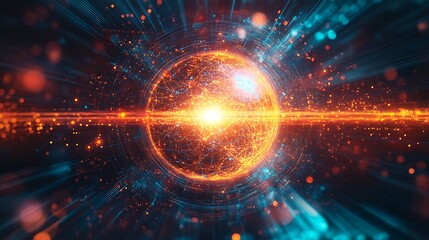 Obraz premium A glowing quantum nexus, central hub emitting radiant energy streams in neon colors, interconnected pathways with intricate circuits, surrounded by holographic particles and vibrant lighting effects,