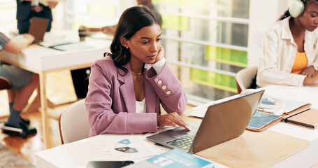 Education, student and woman with laptop, university and exam in classroom with information,...