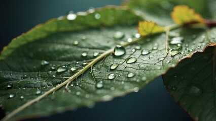 A close-up view of a leaf surface covered in water droplets.