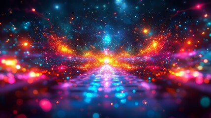 Fototapeta premium A glowing quantum spectrum, vibrant colors radiating outward from a central processor, interconnected circuits illuminated by neon hues, surrounded by floating particles and holographic waves,