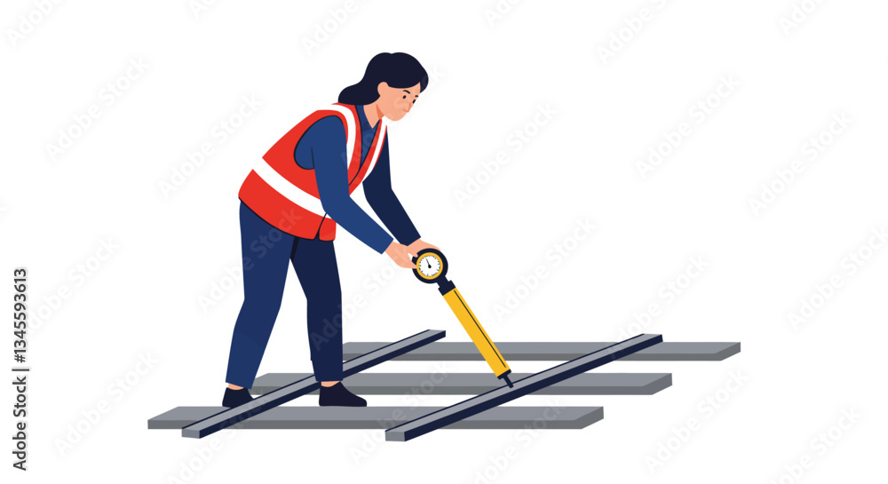 Poster worker inspecting railway tracks in flat design style vector art