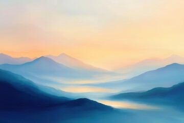 Fototapeta premium Blue mountains layered with hazy light under a soft, warm yellow and pink sky. Use this background for inspirational quotes or to showcase landscape designs.