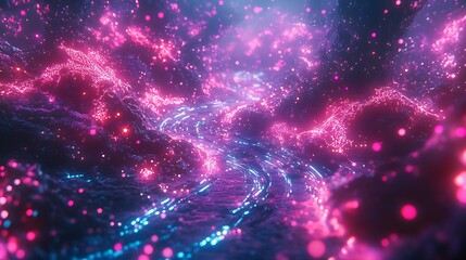 Obraz premium A high-tech digital quantum grid, interconnected nodes glowing with neon energy, dynamic pathways creating a vibrant network, surrounded by holographic textures and shimmering particles,