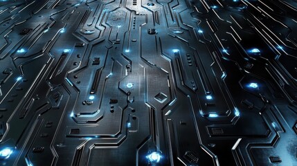 Abstract close-up of a futuristic circuit board with glowing blue lights and intricate patterns