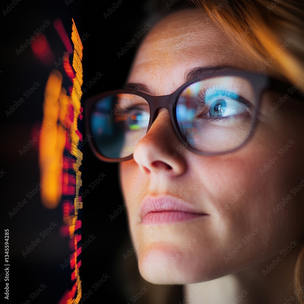 Poster Immersive Data Visualization Next-Gen Professional Woman Navigating AI-Driven Analytics with Strategic Insights and Technological Innovation in Modern Business Intelligence