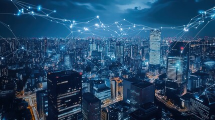 Aerial view of a network of illuminated city at night. Possible use stock photo