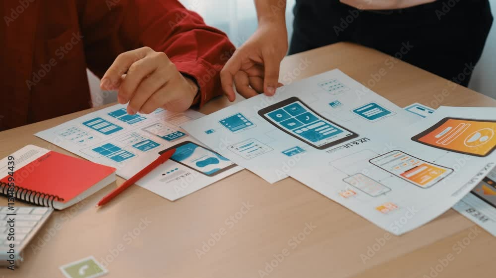 Poster panorama video of startup company employee planning on user interface prototype for mobile applicati