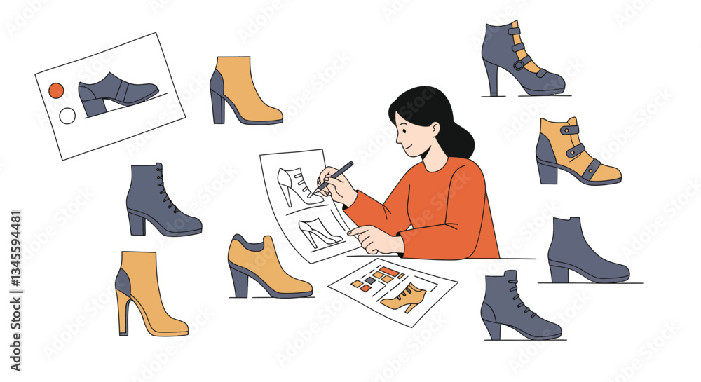 Aufkleber shoe design process with a designer sketching in a flat vector art style