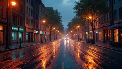 Cityscape during Earth Hour with street lights off and wet pavement reflecting light.