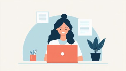 Asian female cartoon character working on laptop in office setting