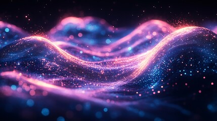 Fototapeta premium A luminous circuitry cascade, flowing streams of electronic pathways glowing with vibrant energy, radiant hues of cyan and magenta illuminating the wave-like design,