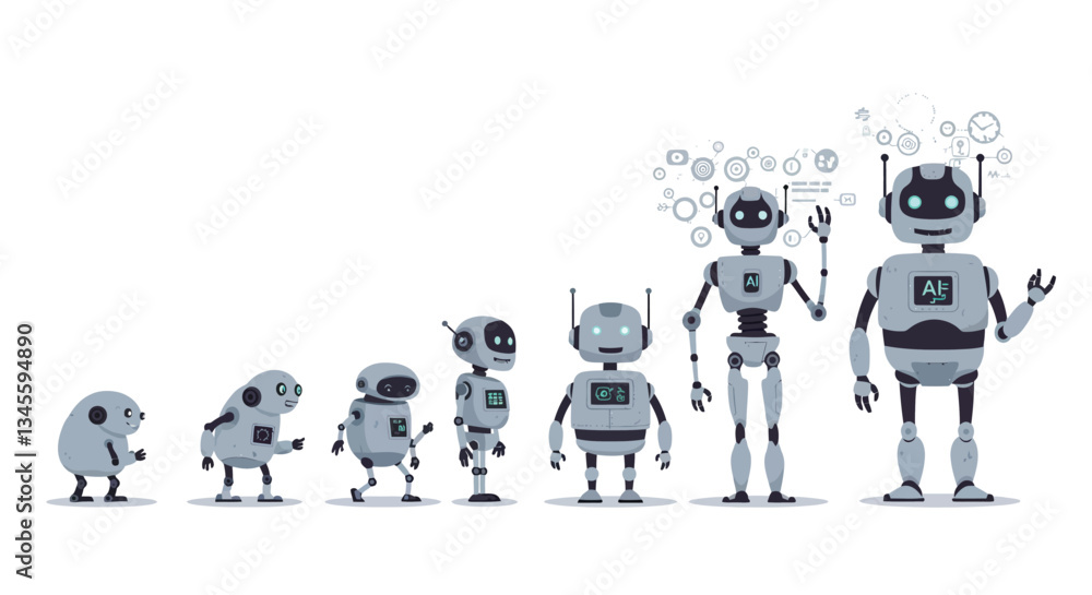 Poster robot evolution from simple shapes to advanced humanoid design in flat vector art