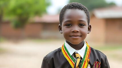 Portrait of a cheerful Zambian student wearing a formal school uniform with traditional accessories exuding a sense of pride and optimism