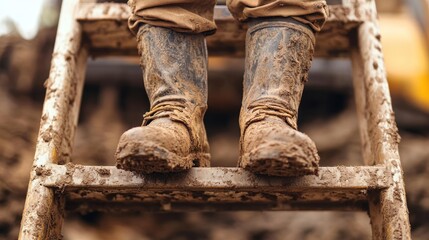 Muddy work boots on a ladder.