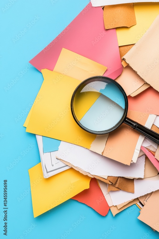 Poster maximalist digital workspace color-blocked paper landscape with investigative magnification - creati