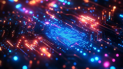 Obraz premium A luminous quantum core sparking with dynamic energy flows, vibrant neon pathways glowing in blue and magenta hues, intricate circuits illuminated by the radiant bursts,