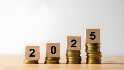 2025 Financial Growth Concept with Stacked Coins and Wooden Blocks Representing Economic Progress and Investment Trends