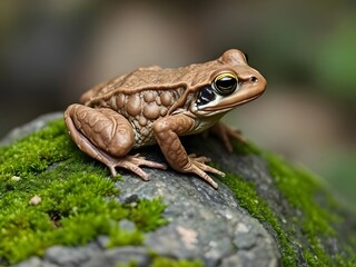 Obraz premium Brown Frog on Mossy Rock Detailed Close-up of Amphibian in Natural Habitat, Wildlife Photography.