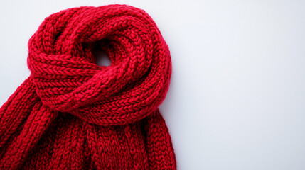 Cozy Red Scarf: A vibrant red, knitted scarf is artfully arranged, exuding warmth and comfort, perfect for chilly days or adding a pop of color to any outfit.