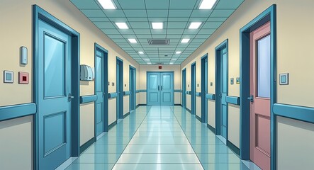 Clean And Sterile Hospital Hallway With Closed Patient Doors anime cartoon illustration design