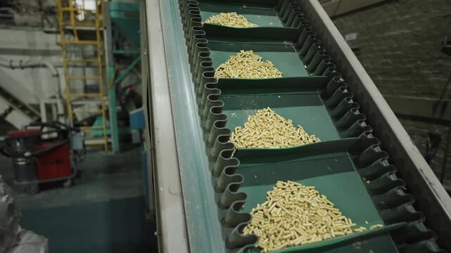 Industrial conveyor belt transporting wood pellets for renewable energy production
