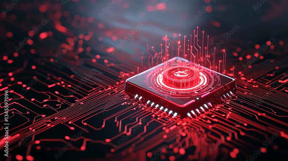 Aufkleber the heart of technology: a captivating close-up of a glowing microchip, pulsating with vibrant red l