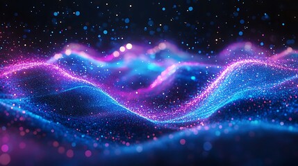 Obraz premium A quantum cascade of radiant circuits, glowing pathways of neon blue and purple forming a wave pattern, dynamic energy flows weaving through the design,