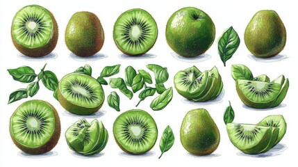 Fototapeta premium several cut and whole fresh kiwis isolated,cartoon illustration style