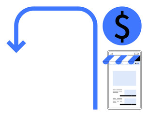 Smartphone online store with striped awning beside dollar sign and downward curved arrow. Ideal for online shopping, sales, digital payment, e-commerce flow, retail, cost analysis, flat simple