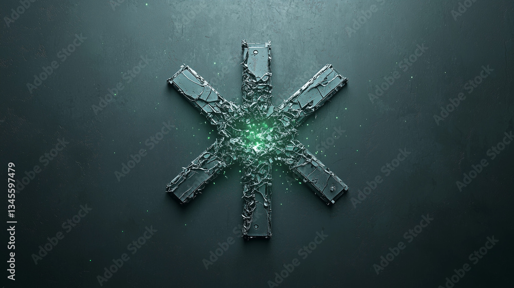 Aufkleber energy glyph on textured surface: an abstract symbol of intersecting lines emanates with glowing ene