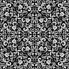 Flower pattern. Seamless white and black ornament. Graphic vector background.