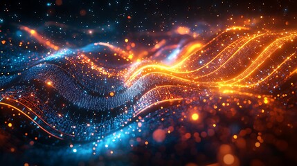 A radiant circuitry cascade, glowing neon pathways weaving dynamically in a wave structure, intricate details forming an abstract representation of quantum data,