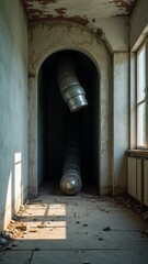 A large metal pipe hangs from the ceiling of an abandoned room