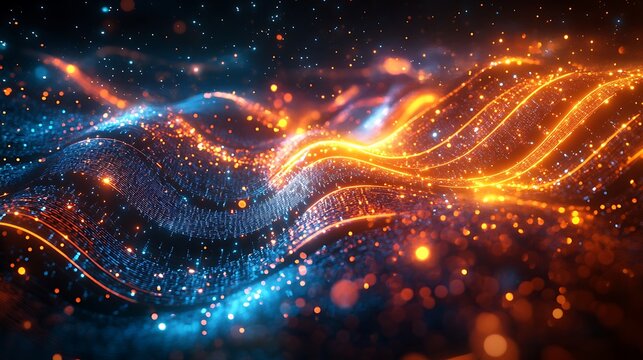 A radiant circuitry cascade, glowing neon pathways weaving dynamically in a wave structure, intricate details forming an abstract representation of quantum data,