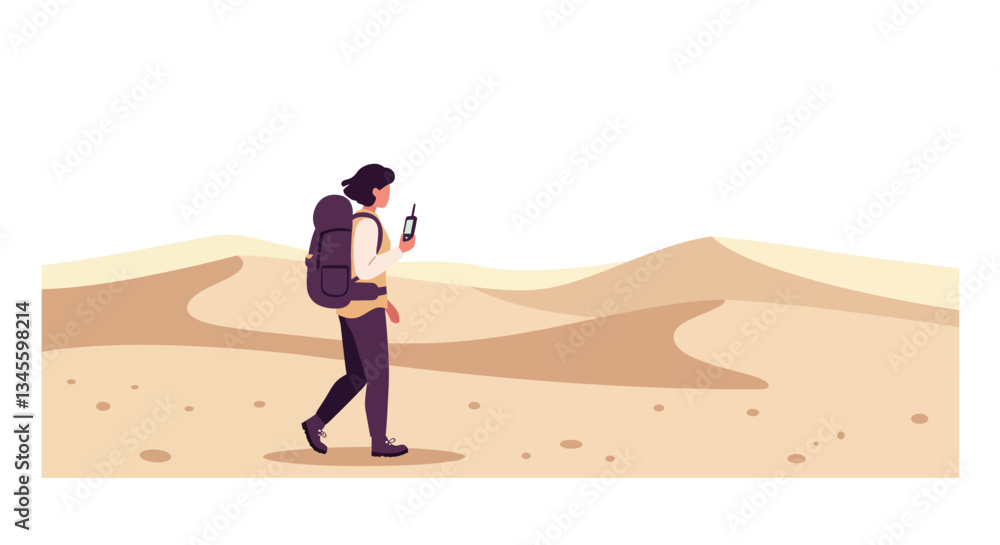 Poster hiker navigating desert terrain in flat design vector art