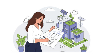 Woman analyzing building plans in a flat design vector illustration
