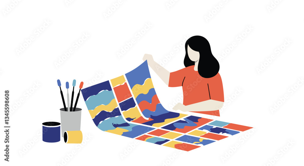 Poster artist creating vibrant patterns with color palette in minimal vector illustration