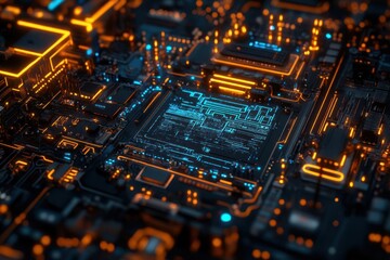 Obraz premium Abstract close-up of a vibrant circuit board with glowing blue and orange lights, showcasing technology