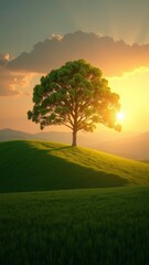 Obraz premium A majestic tree stands tall on a lush green hillside