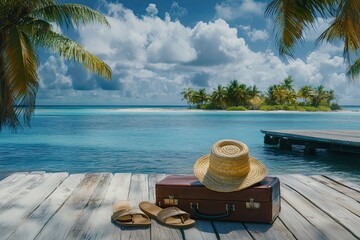 Obraz premium Vacation suitcase with straw hat and slippers on a private island dock
