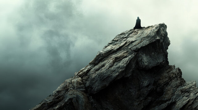 A mysterious figure perched on a jagged rock, only their clasped hands visible in a dramatic close-up. The solid background enhances the feeling of isolation and contemplation. The lighting is ether